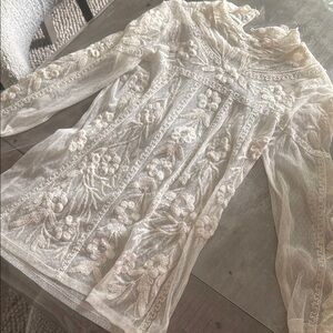 Sundance Cream Embroidered Lace Blouse with Mandarin Collar